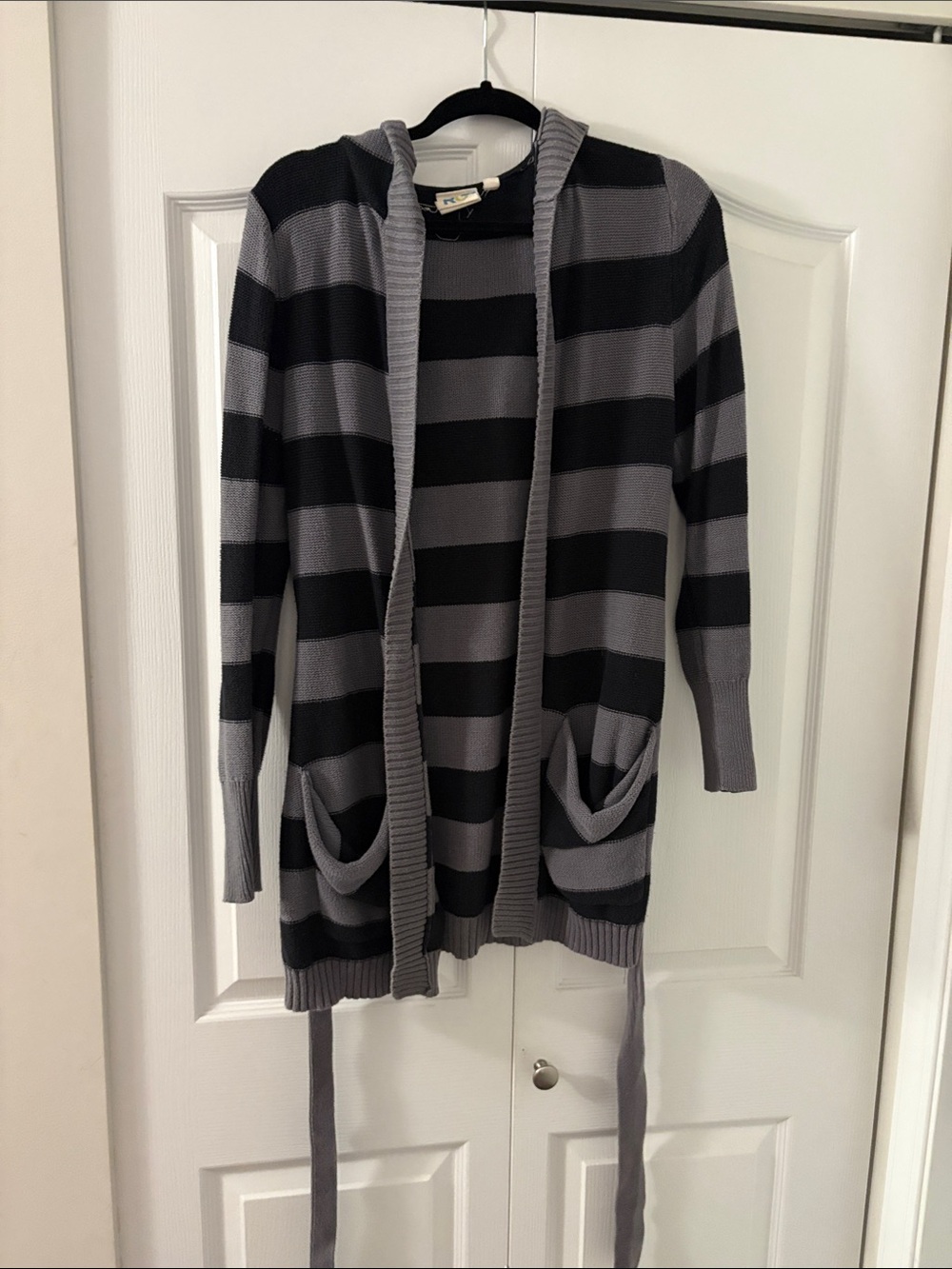Roxy Striped Hooded Open-Front Cardigan in Gray and Black